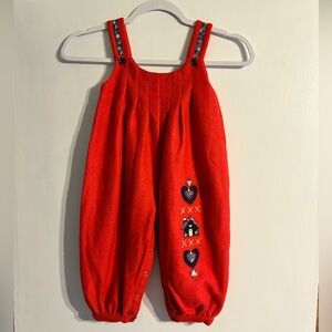Vintage Red Kids Romper Overalls with Heart Holiday Embroidery